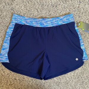 Tek Gear Multi Purpose Mid Rise Shorts Blue Multi Color Exercise Workout L NWT